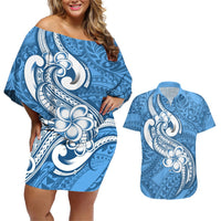 Polynesia Couples Matching Off Shoulder Short Dress and Hawaiian Shirt Plumeria With Tribal Pattern Blue Pastel Vibes LT14 Blue - Polynesian Pride