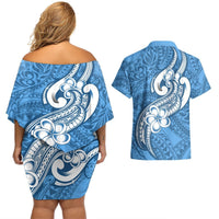 Polynesia Couples Matching Off Shoulder Short Dress and Hawaiian Shirt Plumeria With Tribal Pattern Blue Pastel Vibes LT14 - Polynesian Pride