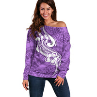 Polynesia Off Shoulder Sweater Plumeria With Tribal Pattern Purple Pastel Vibes LT14 Women Purple - Polynesian Pride