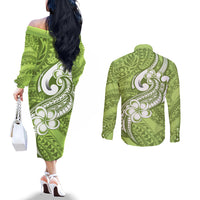 Polynesia Couples Matching Off The Shoulder Long Sleeve Dress and Long Sleeve Button Shirts Plumeria With Tribal Pattern Green Pastel Vibes LT14 - Polynesian Pride