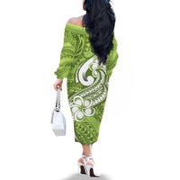 Polynesia Off The Shoulder Long Sleeve Dress Plumeria With Tribal Pattern Green Pastel Vibes LT14 - Polynesian Pride