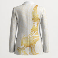 Polynesia White Sunday Blazer Polynesian Tattoo Plumeria Hibiscus Gold