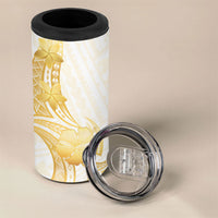 Polynesia White Sunday 4 in 1 Can Cooler Tumbler Polynesian Tattoo Plumeria Hibiscus Gold