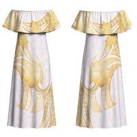 Polynesia White Sunday Couples Matching Off Shoulder Maxi Dress and Hawaiian Shirt Polynesian Tattoo Plumeria Hibiscus Gold
