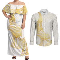 Polynesia White Sunday Couples Matching Off Shoulder Maxi Dress and Long Sleeve Button Shirt Polynesian Tattoo Plumeria Hibiscus Gold