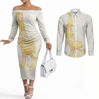 Polynesia White Sunday Couples Matching Off The Shoulder Long Sleeve Dress and Long Sleeve Button Shirt Polynesian Tattoo Plumeria Hibiscus Gold