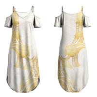 Polynesia White Sunday Couples Matching Summer Maxi Dress and Hawaiian Shirt Polynesian Tattoo Plumeria Hibiscus Gold