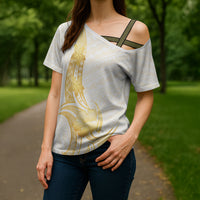 Polynesia White Sunday Cross Shoulder Shirt Polynesian Tattoo Plumeria Hibiscus Gold