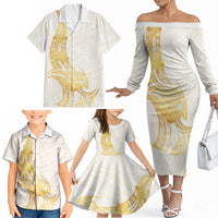 Polynesia White Sunday Family Matching Off The Shoulder Long Sleeve Dress and Hawaiian Shirt Polynesian Tattoo Plumeria Hibiscus Gold