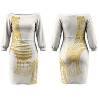 Polynesia White Sunday Family Matching Off The Shoulder Long Sleeve Dress and Hawaiian Shirt Polynesian Tattoo Plumeria Hibiscus Gold