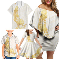 Polynesia White Sunday Family Matching Off Shoulder Short Dress and Hawaiian Shirt Polynesian Tattoo Plumeria Hibiscus Gold