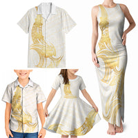 Polynesia White Sunday Family Matching Tank Maxi Dress and Hawaiian Shirt Polynesian Tattoo Plumeria Hibiscus Gold