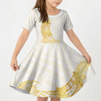 Polynesia White Sunday Kid Short Sleeve Dress Polynesian Tattoo Plumeria Hibiscus Gold