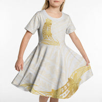 Polynesia White Sunday Kid Short Sleeve Dress Polynesian Tattoo Plumeria Hibiscus Gold
