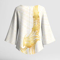 Polynesia White Sunday Kimono Sleeve Blouse Polynesian Tattoo Plumeria Hibiscus Gold