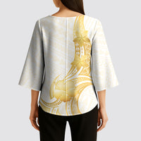 Polynesia White Sunday Kimono Sleeve Blouse Polynesian Tattoo Plumeria Hibiscus Gold