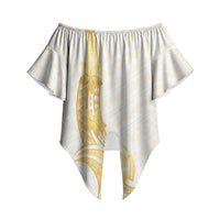 Polynesia White Sunday Off Shoulder Wrap Waist Top Polynesian Tattoo Plumeria Hibiscus Gold