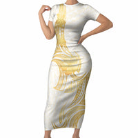 Polynesia White Sunday Short Sleeve Bodycon Dress Polynesian Tattoo Plumeria Hibiscus Gold