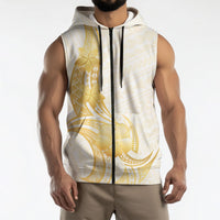Polynesia White Sunday Sleeveless Zip Hoodie Polynesian Tattoo Plumeria Hibiscus Gold