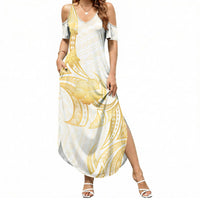 Polynesia White Sunday Summer Maxi Dress Polynesian Tattoo Plumeria Hibiscus Gold