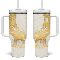Polynesia White Sunday Tumbler With Handle Polynesian Tattoo Plumeria Hibiscus Gold