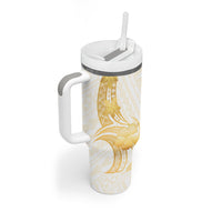 Polynesia White Sunday Tumbler With Handle Polynesian Tattoo Plumeria Hibiscus Gold
