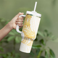 Polynesia White Sunday Tumbler With Handle Polynesian Tattoo Plumeria Hibiscus Gold
