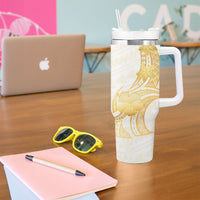 Polynesia White Sunday Tumbler With Handle Polynesian Tattoo Plumeria Hibiscus Gold