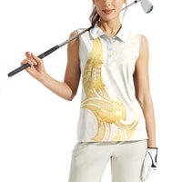 Polynesia White Sunday Women Sleeveless Polo Shirt Polynesian Tattoo Plumeria Hibiscus Gold