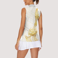 Polynesia White Sunday Women Sleeveless Polo Shirt Polynesian Tattoo Plumeria Hibiscus Gold