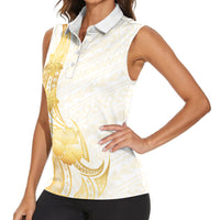 Polynesia White Sunday Women Sleeveless Polo Shirt Polynesian Tattoo Plumeria Hibiscus Gold