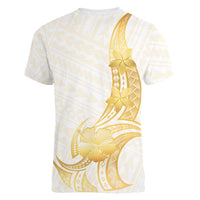Polynesia White Sunday Women V-Neck T-Shirt Polynesian Tattoo Plumeria Hibiscus Gold
