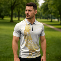 Polynesia White Sunday Zipper Polo Shirt Polynesian Tattoo Plumeria Hibiscus Gold