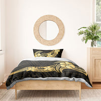 Gold Black Polynesia Hibiscus Plumeria Tattoo Bedding Set