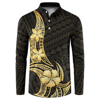 Gold Black Polynesia Hibiscus Plumeria Tattoo Button Sweatshirt