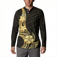 Gold Black Polynesia Hibiscus Plumeria Tattoo Button Sweatshirt