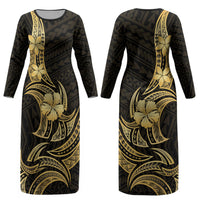 Gold Black Polynesia Hibiscus Plumeria Tattoo Couples Matching Long Sleeve Bodycon Dress and Hawaiian Shirt