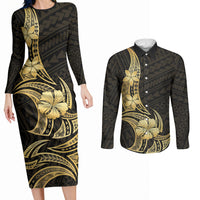 Gold Black Polynesia Hibiscus Plumeria Tattoo Couples Matching Long Sleeve Bodycon Dress and Long Sleeve Button Shirt