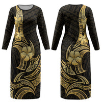 Gold Black Polynesia Hibiscus Plumeria Tattoo Couples Matching Long Sleeve Bodycon Dress and Long Sleeve Button Shirt