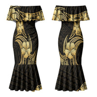 Gold Black Polynesia Hibiscus Plumeria Tattoo Couples Matching Mermaid Dress and Long Sleeve Button Shirt