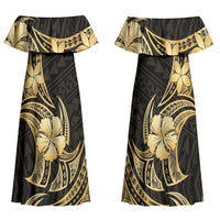 Gold Black Polynesia Hibiscus Plumeria Tattoo Couples Matching Off Shoulder Maxi Dress and Hawaiian Shirt