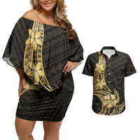 Gold Black Polynesia Hibiscus Plumeria Tattoo Couples Matching Off Shoulder Short Dress and Hawaiian Shirt
