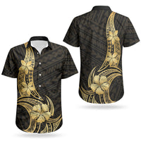 Gold Black Polynesia Hibiscus Plumeria Tattoo Couples Matching Off Shoulder Short Dress and Hawaiian Shirt