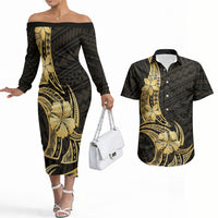 Gold Black Polynesia Hibiscus Plumeria Tattoo Couples Matching Off The Shoulder Long Sleeve Dress and Hawaiian Shirt