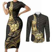 Gold Black Polynesia Hibiscus Plumeria Tattoo Couples Matching Short Sleeve Bodycon Dress and Long Sleeve Button Shirt