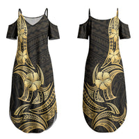 Gold Black Polynesia Hibiscus Plumeria Tattoo Couples Matching Summer Maxi Dress and Hawaiian Shirt