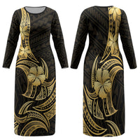 Gold Black Polynesia Hibiscus Plumeria Tattoo Family Matching Long Sleeve Bodycon Dress and Hawaiian Shirt