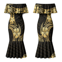 Gold Black Polynesia Hibiscus Plumeria Tattoo Family Matching Mermaid Dress and Hawaiian Shirt