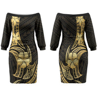 Gold Black Polynesia Hibiscus Plumeria Tattoo Family Matching Off The Shoulder Long Sleeve Dress and Hawaiian Shirt