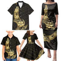 Gold Black Polynesia Hibiscus Plumeria Tattoo Family Matching Puletasi and Hawaiian Shirt